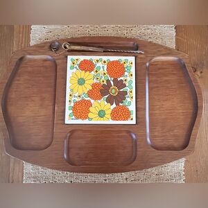 Retro Floral Ceramic Tile Trivet - Yellow Orange Brown Gail Kraft Japan